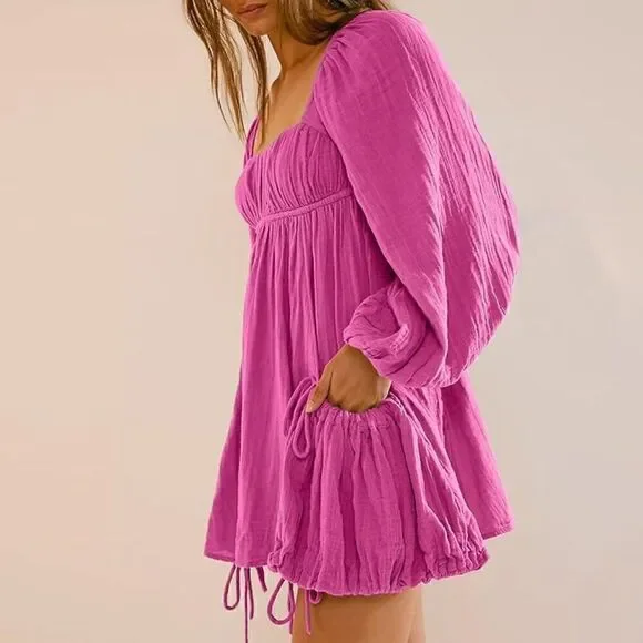 Shiyifa Women's Summer Mini Dress – XS, Square Neck, Long Sleeves, with Pockets - Picture 3 of 5